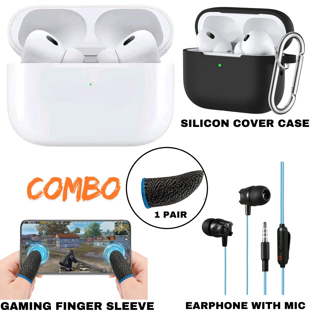 Airbuds Pro Ultimate Combo โ TWS Earbuds, Silicon Case, Gaming Finger Sleeves & Wired Earphone